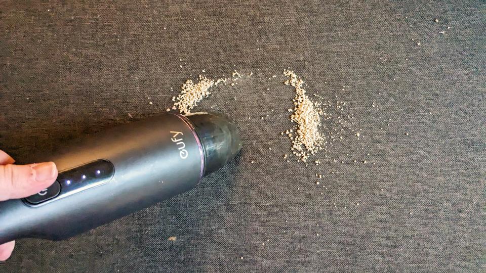 eufy HomeVac H11 Cordless Handheld Vacuum Cleaner being tested in writer's home
