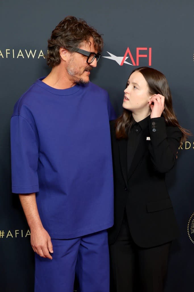 (L-R) Pedro Pascal and Bella Ramsey attend the AFI Awards Luncheon at Four Seasons Hotel Los Angeles at Beverly Hills on January 12, 2024 in Los Angeles, California.