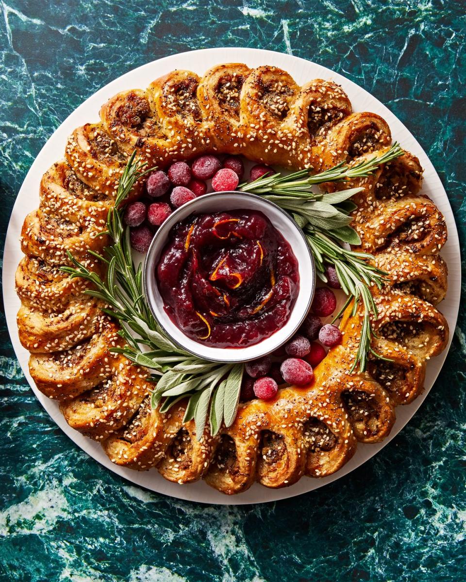sausage roll wreath with cranberry sauce for dipping