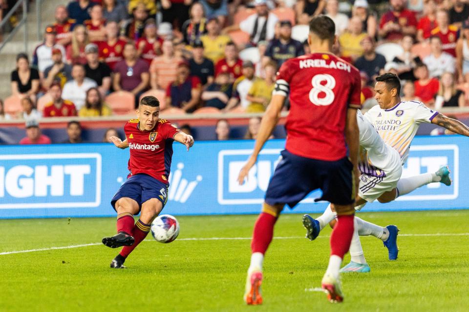 Real Salt Lake’s Bralan Ojeda kicks the ball in the match against Orlando City at the America First Field in Sandy on Saturday, July 8, 2023. | Megan Nielsen, Deseret News