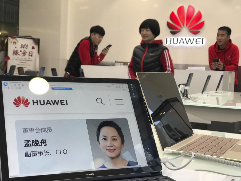 A profile of Huawei’s chief financial officer Meng Wanzhou is displayed on a Huawei computer at a Huawei store in Beijing, China, Thursday, Dec. 6, 2018. Canadian authorities said Wednesday that they have arrested Meng for possible extradition to the United States. (AP Photo/Ng Han Guan)