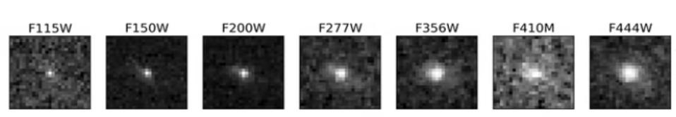 a series of seven grey-scale squares all feature a bright central dot, surrounded by varying densities of dark, pixely spots around them.