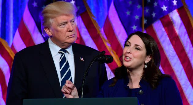 In this file photo, Republican National Committee Chair Ronna McDaniel speaks at a fundraiser with former President Donald Trump.