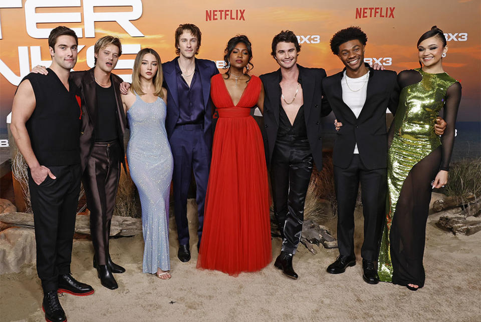 Austin North, Rudy Pankow, Madelyn Cline, Drew Starkey, Carlacia Grant, Chase Stokes, Jonathan Daviss and Madison Bailey attend the Premiere of Netflix's Outer Banks Season 3 at Regency Village Theatre on February 16, 2023 in Los Angeles, California.