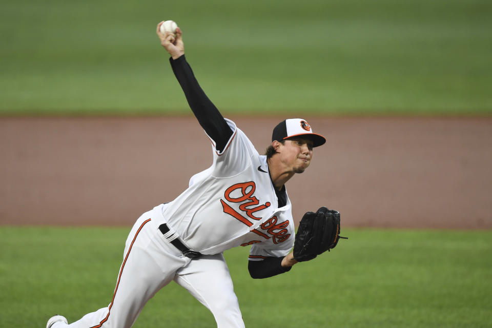 Baltimore Orioles starting pitcher Spenser Watkins throws during the second inning of a baseball game against the Los Angeles Angels, Tuesday, Aug. 24, 2021, in Baltimore. (AP Photo/Terrance Williams)