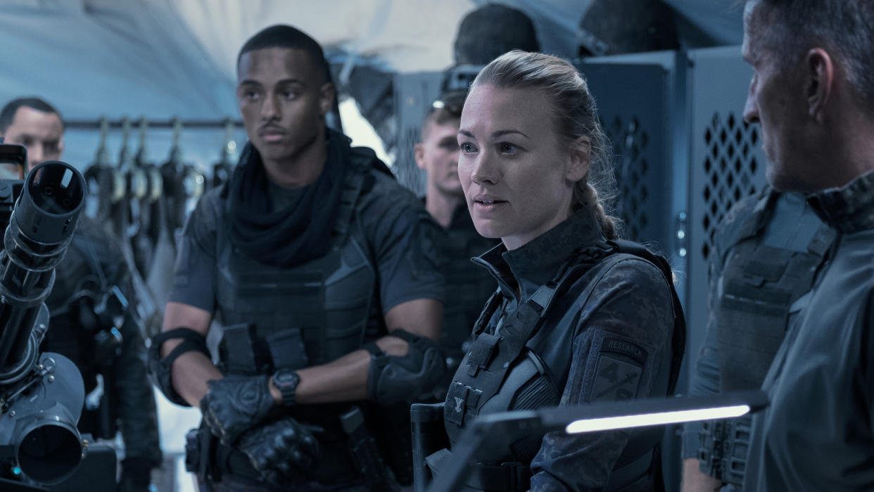 Yvonne Strahovski is one of the leaders of the human resistance in 'The Tomorrow War'. (Amazon Prime Video)