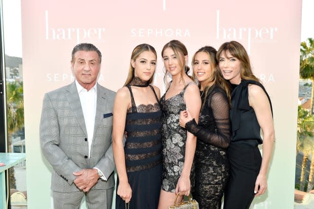 Sylvester Stallone; Sistine Stallone; Scarlet Stallone; Sophia Stallone and Jennifer Flavin Stallone attend the harper x Harper's BAZAAR May Issue event hosted by The Stallone Sisters and Amanda Weiner Alagem at Mama Shelter Hollywood on <a href="https://parade.com/1360954/jessicasager/april-holidays-observances/" rel="nofollow noopener" target="_blank" data-ylk="slk:April" class="link ">April</a> 26, 2017.<p><a href="https://www.gettyimages.com/detail/673601952" rel="nofollow noopener" target="_blank" data-ylk="slk:Stefanie Keenan/Getty Images" class="link ">Stefanie Keenan/Getty Images</a></p>