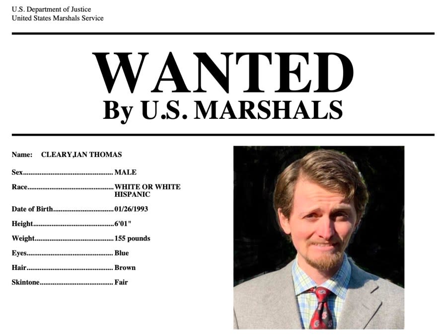 This wanted poster provided by the U.S. Marshals shows Ian Cleary, of Saratoga, Calif. U.S. marshals have been leading the two-year search for Cleary since prosecutors charged him with sexually assaulting a young woman in 2013 at Gettysburg College. Cleary, accused of sexually assaulting a Pennsylvania college student in 2013 and later sending her a Facebook message that said, “So I raped you,” has been detained in France after a three-year search. (U.S. Marshals via AP)