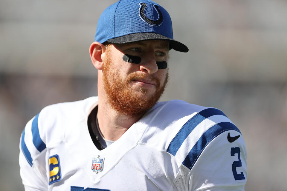 JACKSONVILLE, FL - JANUARY 09: Indianapolis Colts quarterback Carson Wentz (2) headshot before the game between the Indianapolis Colts and the Jacksonville Jaguars on January 9, 2022 at TIAA Bank Field in Jacksonville, FL (Photo by Icon Sportswire)