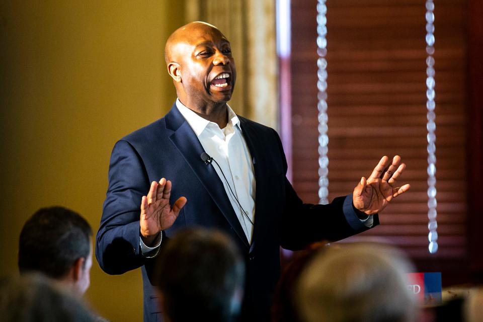 U.S. Sen. Tim Scott, R-S.C., speaks during the Five Seasons Republican Women's Group Dinner, Wednesday, April 12, 2023, at the Cedar Rapids Country Club in Cedar Rapids, Iowa.