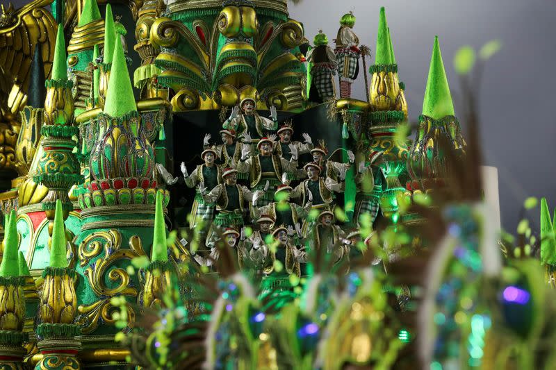 Revellers from Mancha Verde samba school perform during the first night of the Carnival parade at the Sambadrome in Sao Paulo