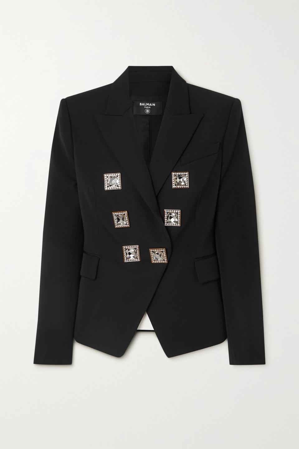 13) Double-Breasted Crystal-Embellished Grain de Poudre Wool Blazer