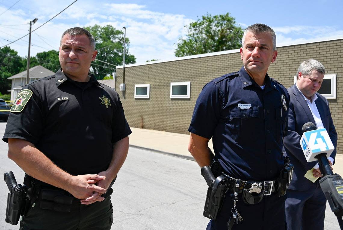 Clay County Sheriff Will Akin, left, is pictured in this 2022 photo with North Kansas City Chief of Police Kevin Freeman, right. Akin said he knows that some of the inmates in Clay County should be in a mental health hospital instead of in jail. 