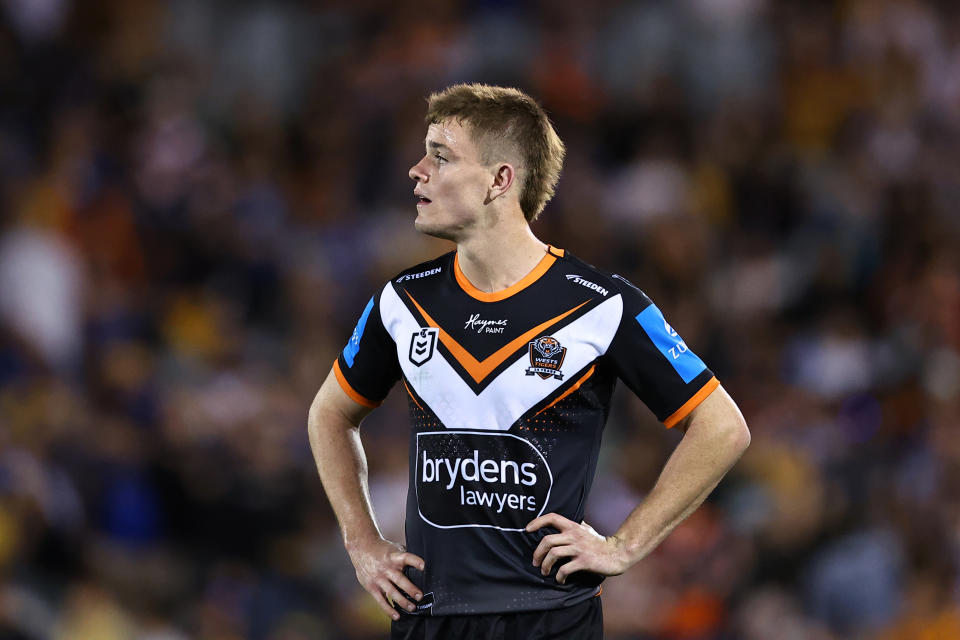 SYDNEY, AUSTRALIA - SEPTEMBER 06: Lachlan Galvin of the Tigers reacts at full time during the round 27 NRL match between Wests Tigers and Parramatta Eels at Campbelltown Stadium, on September 06, 2024, in Sydney, Australia. (Photo by Jeremy Ng/Getty Images)