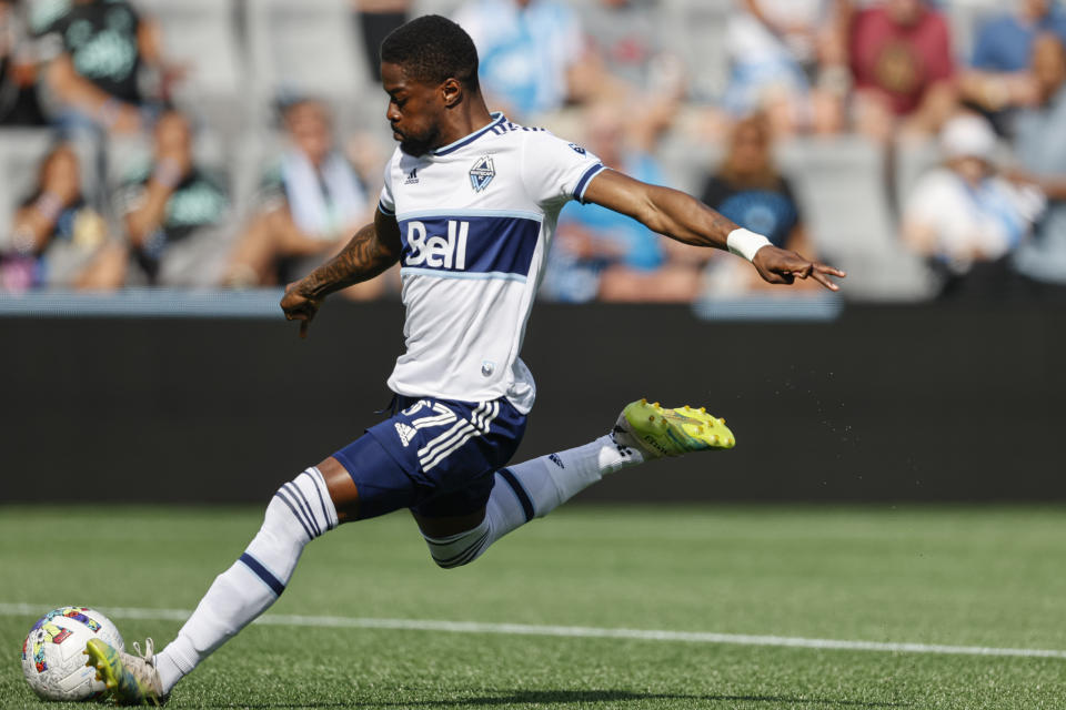 Vancouver Whitecaps striker Tosaint Ricketts scores against Charlotte FC in the second minute of the first half of an MLS soccer match in Charlotte, N.C., Sunday, May 22, 2022. (AP Photo/Nell Redmond)