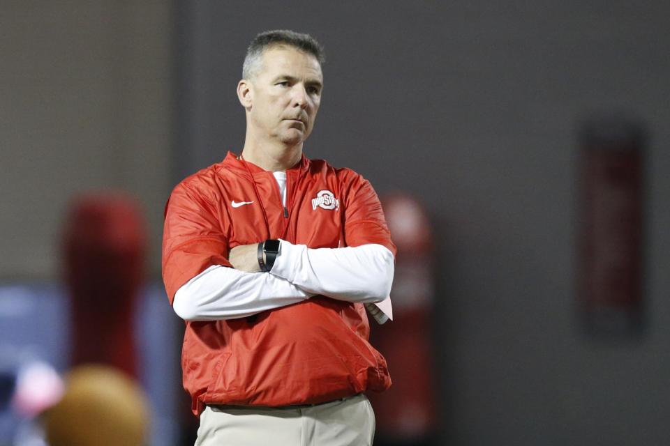 Ohio State head coach Urban Meyer watches his team during spring NCAA college football practice Tuesday, March 7, 2017, in Columbus, Ohio. (AP Photo/Jay LaPrete)