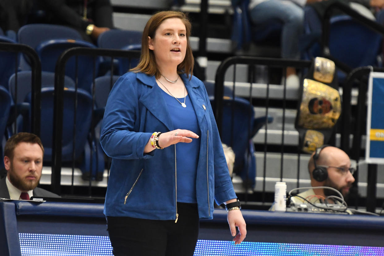 WASHINGTON, DC - DECEMBER 10:  Head coach Lindsay Whalen of the Minnesota Golden Gophers looks on during a women's college basketball game against the George Washington Colonials at the Smith Center on December 10, 2019 in Washington, DC.  (Photo by Mitchell Layton/Getty Images)