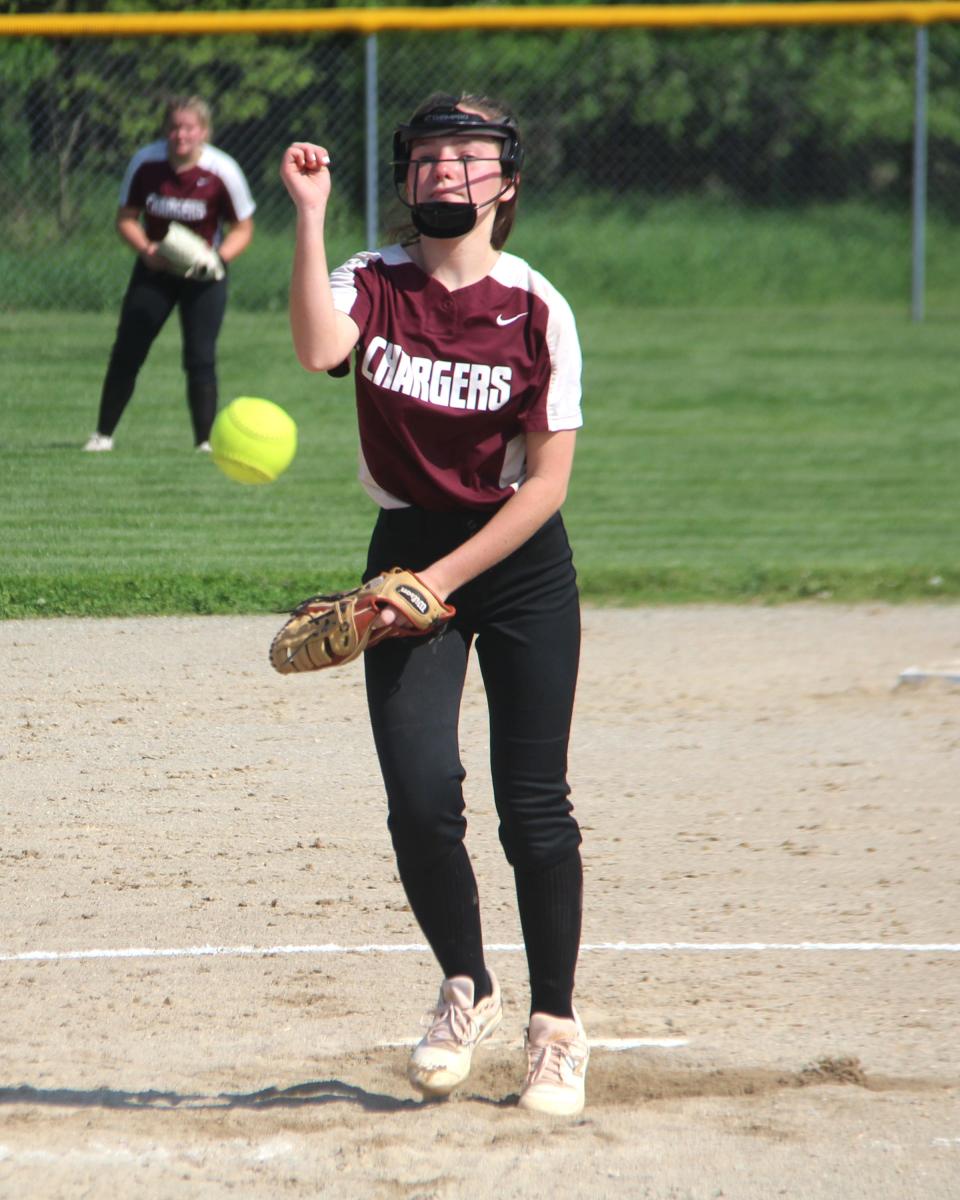 Union City sophomore pitcher Brooklynne Schley delivers a strike versus Climax Scotts Thursday night