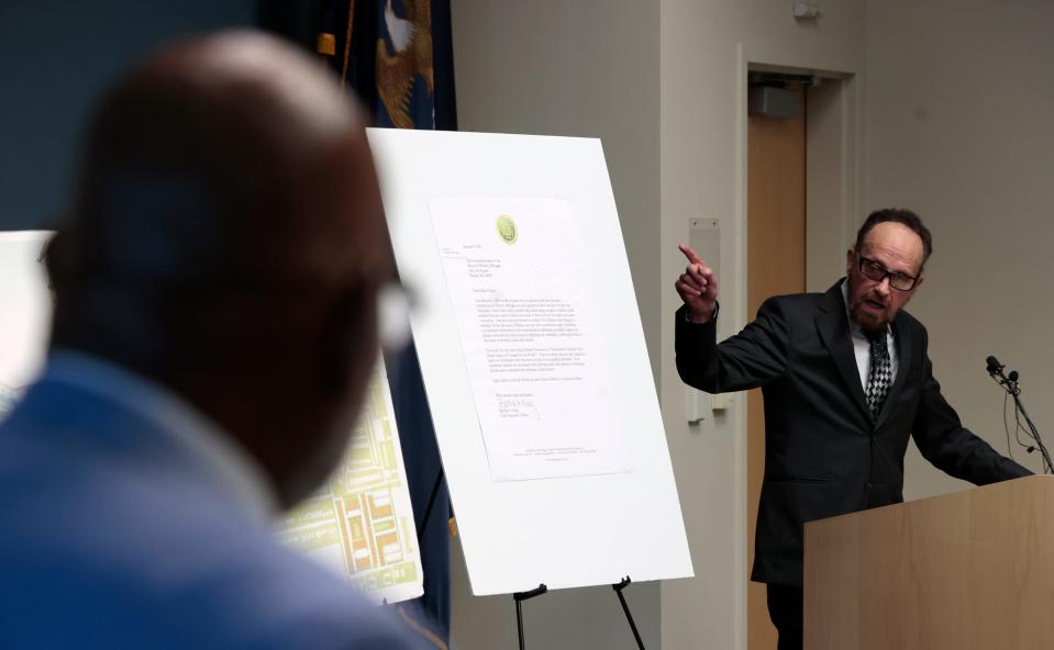 Warren mayor Jim Fouts talks with the media on Thursday, May 18, 2023 at Warren City Hall during a press conference where he talked about his accomplishments as mayor and how his name won’t appear on the ballot in the November election. 