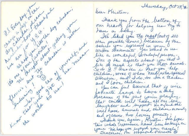 The anonymous letter written in 1994 to Kristin Schoonveld from the woman she donated eggs to.
