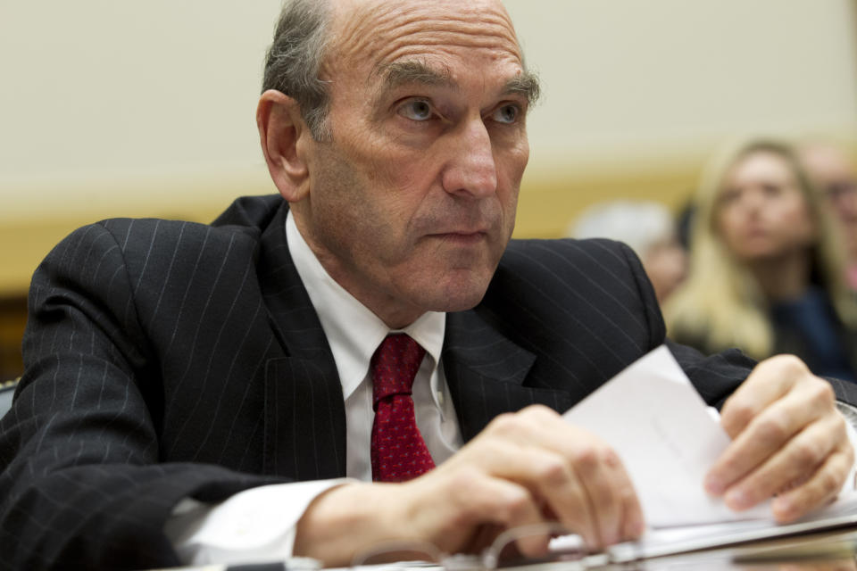 U.S. Special Representative for Venezuela Elliott Abrams testifies before the House Foreign Affairs subcommittee hearing on Venezuela on Capitol Hill in Washington, Wednesday, Feb. 13, 2019. (AP Photo/Jose Luis Magana)