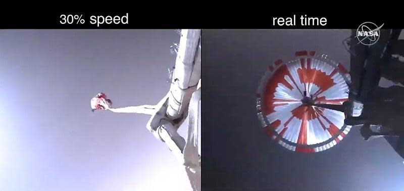 The rover's braking parachute has never been seen in action in the thin atmosphere of Mars. These two frames from a video show the parachute inflating in the supersonic slipstream exactly as tests indicated it should. / Credit: NASA/JPL/Caltech