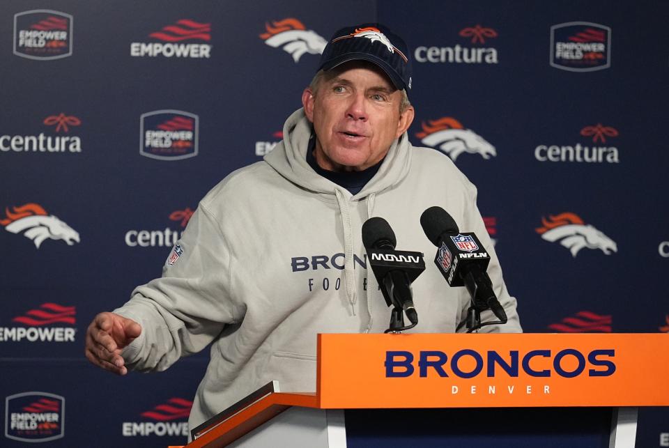Denver Broncos head coach Sean Payton talks during a news conference following a win over the Kansas City Chiefs in an NFL football game Oct. 29, 2023, in Denver. (AP Photo/Jack Dempsey)
