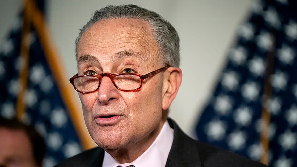 Majority Leader Charles Schumer (D-N.Y.) addresses reporters after the weekly policy luncheon on Tuesday, February 1, 2022.