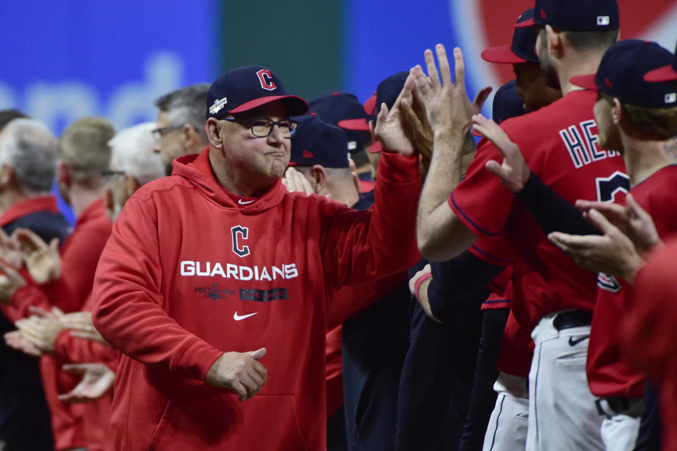 Cleveland Guardians manager Terry Francona is introduced before Game 3 of a baseball AL Division Series against the New York Yankees, Saturday, Oct. 15, 2022, in Cleveland. (AP Photo/Phil Long)