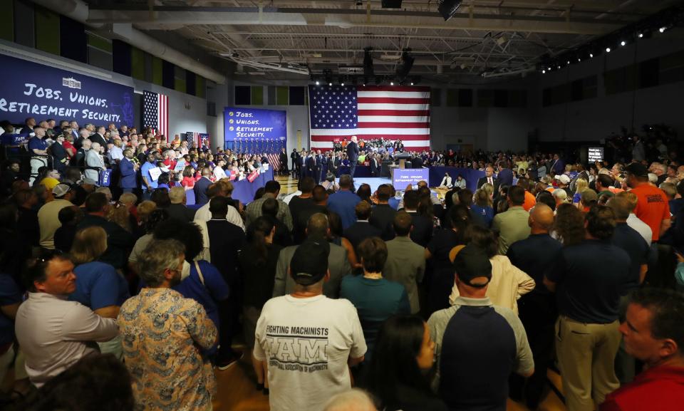 President Joe Biden delivers a speech at Max S. Hayes High School in Cleveland on Wednesday.