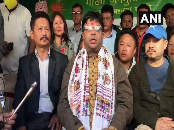 Roshan Giri of Gorkha Janmukti Morcha faction speaking to reporters on Sunday. [Photo/ANI]