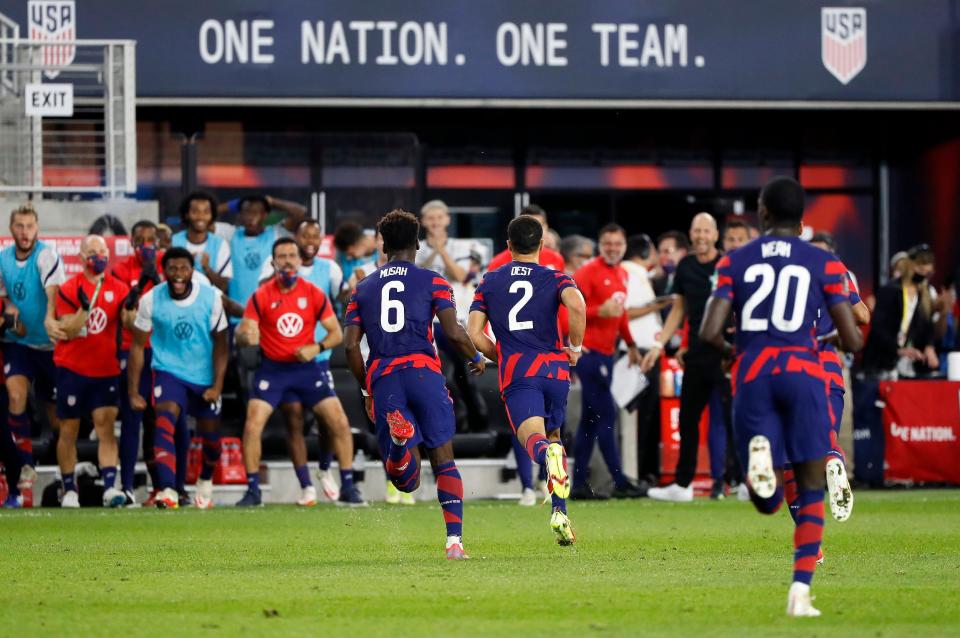 U.S. defender Sergio Dest celebrates his goal against Costa Rica at Lower.com Field on Oct. 13.