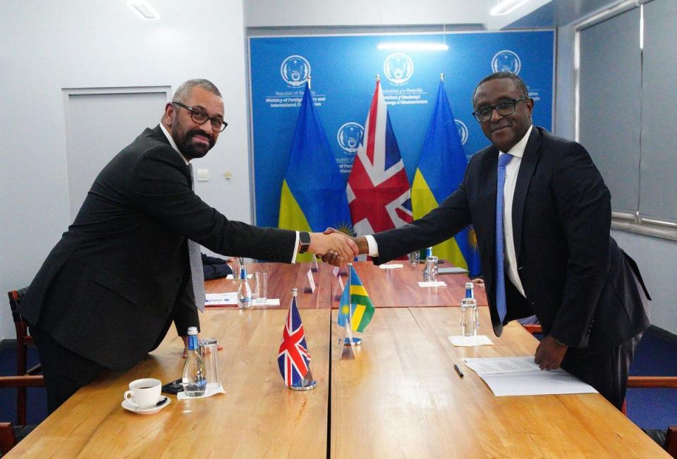 Home Secretary James Cleverly and Rwandan Minister of Foreign Affairs Vincent Biruta hold a bilateral meeting after they signed a new treaty in Kigali, Rwanda. (PA)