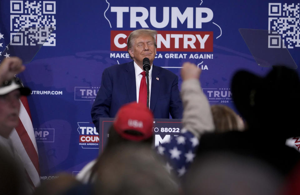 FILE - Republican presidential candidate and former President Donald Trump speaks during a rally, Nov. 18, 2023, in Fort Dodge, Iowa. Trump has long praised a particular type of foreign leader, men he describes as tough and strong, even if they're accused of chipping away at democracy. He's now celebrating Argentina's newly elected president, Javier Milei. (AP Photo/Bryon Houlgrave, File)