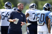 FILE - In this Aug. 24, 2020, file photo, Tennessee Titans outside linebackers coach Shane Bowen instructs his players during NFL football training camp in Nashville, Tenn. (George Walker IV/The Tennessean via AP, Pool, File)