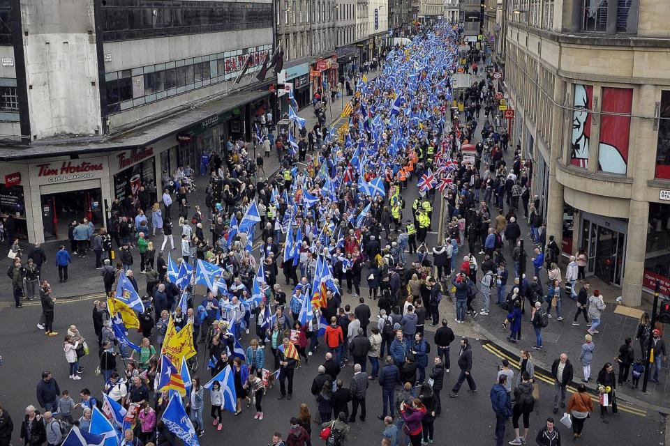 Thousands of demonstrators march in Glagow in support of Scottish independence, May 5 2018: Getty Images