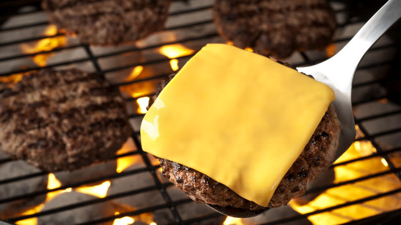 grilled cheeseburger on spatula