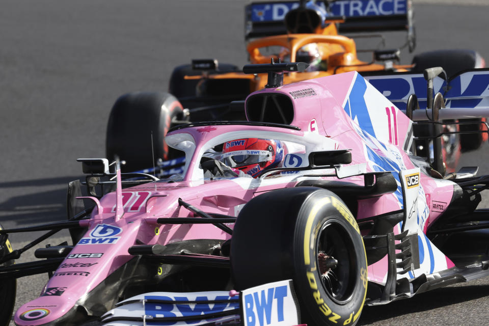 Racing Point driver Sergio Perez of Mexico steers his car during the qualifying session for the Eifel Formula One Grand Prix at the Nuerburgring racetrack in Nuerburg, Germany, Saturday, Oct. 10, 2020. The Germany F1 Grand Prix will be held on Sunday. (Wolfgang Rattay, Pool via AP)