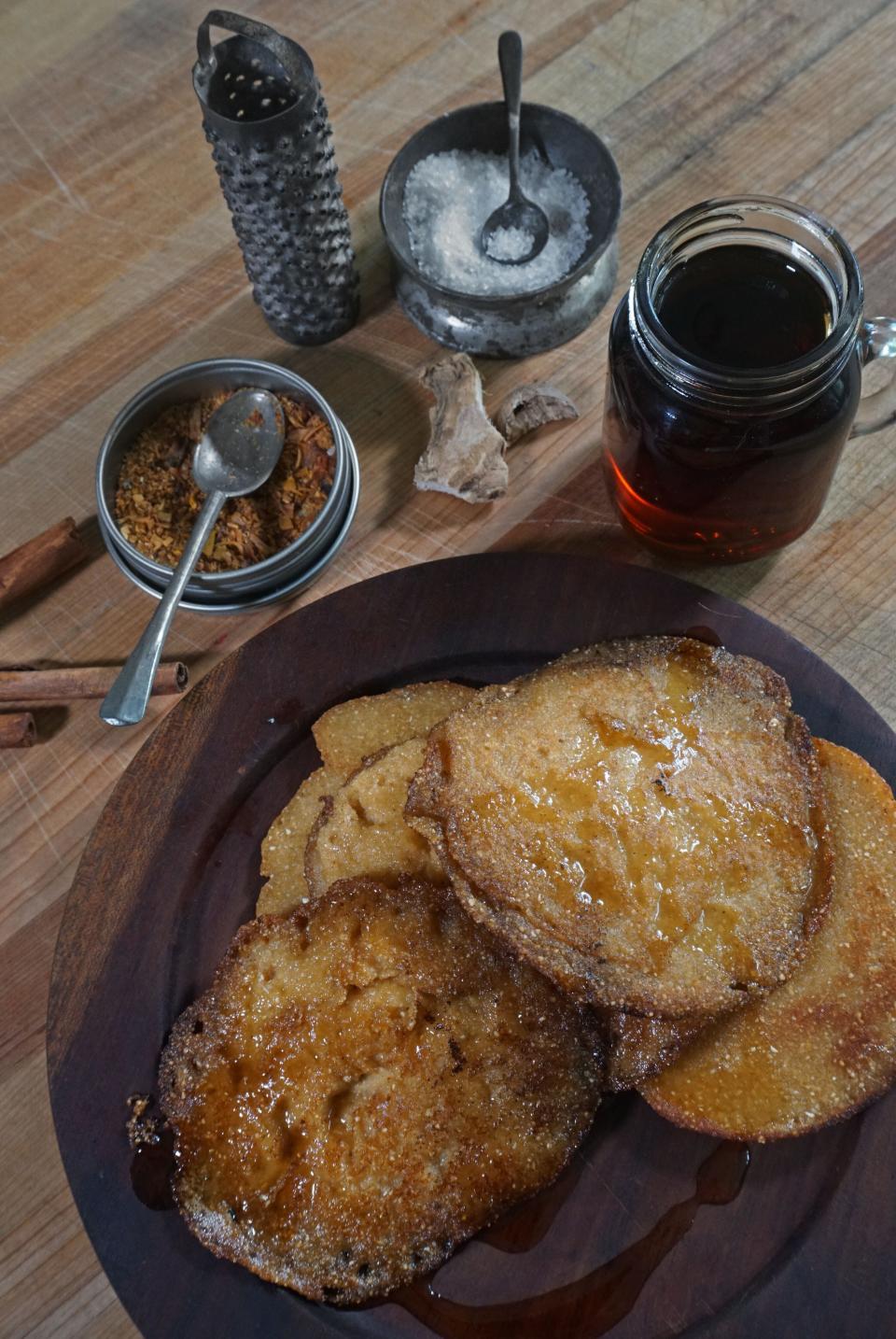 Top your jonnycake with local maple syrup for a sweet treat.