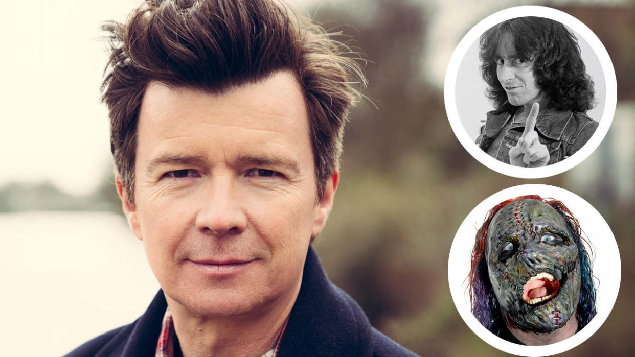  A promo shot of Rick Astley with insets of AC/DC’s Bon Scott and Slipknot’s Corey Taylor. 