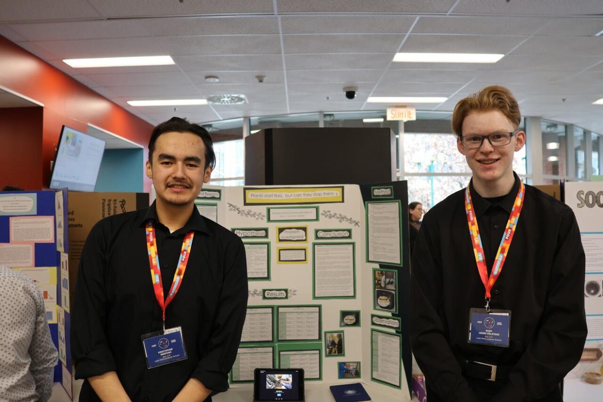 Kristopher Neeposh and Rory Henry-Felstead are students in Nemaska, Que. In March, they won 1st place at the 2024 Quebec Indigenous Science Fair for their project looking at natural fire retardants in the boreal forest. (Shannon Henry - image credit)