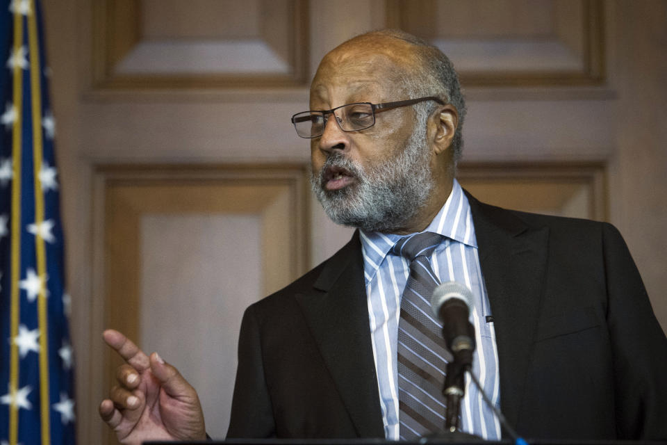 Harry Alford, president and CEO, National Black Chamber of Commerce, speaks after acting EPA Administrator Andrew Wheeler annouced that new coal plants no longer have to meet planned, tougher, Obama era emissions standards, at a news conference at the EPA Headquarters in Washington, Thursday, Dec. 6, 2018. (AP Photo/Cliff Owen)