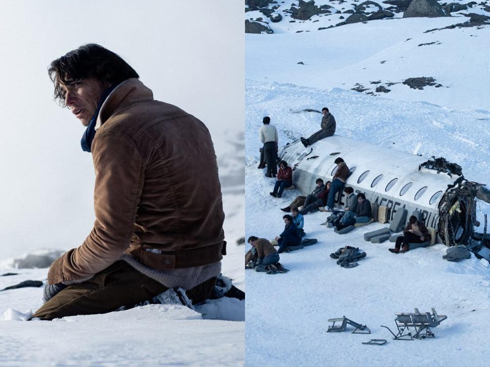 Enzo Vogrincic as Numa, and the survivors around the crash site in Netflix's "Society of the Snow."