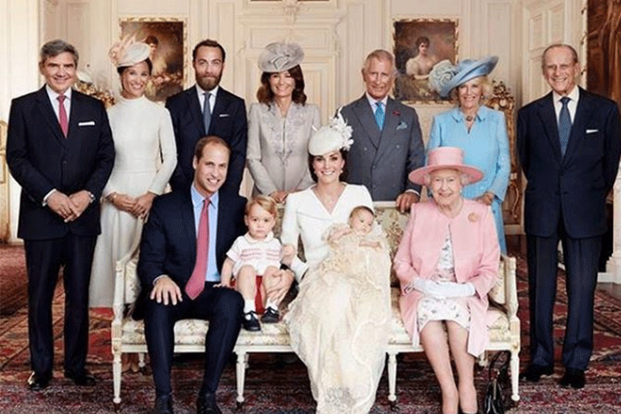 The Queen and members of the Royal Family and the Middleton family together at Sandringham House after Princess Charlotte's christening.