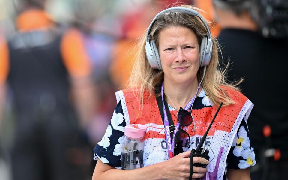 Jennie Gow BBC sports F1 reporter in the pit lane during practice ahead of the F1 Grand Prix of The Netherlands at Circuit Park Zandvoort on August 25, 2023 in Zandvoort, Netherlands