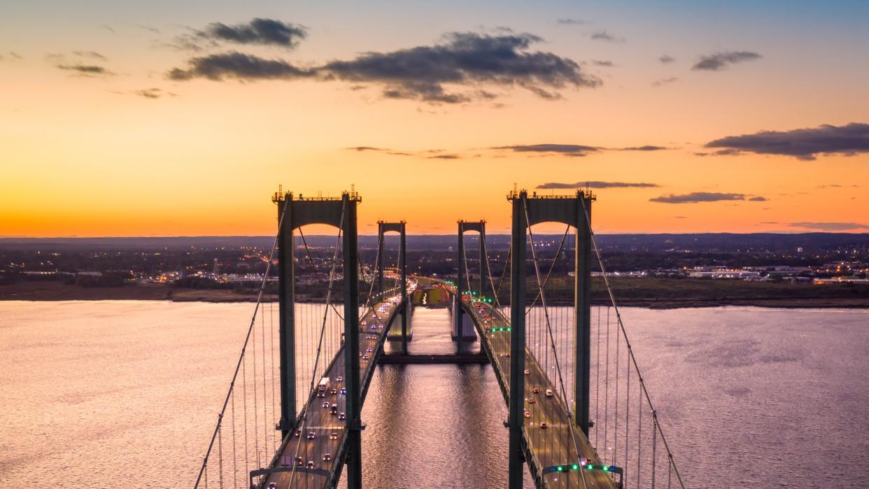 Aerial view of Delaware Memorial Bridge at dusk.