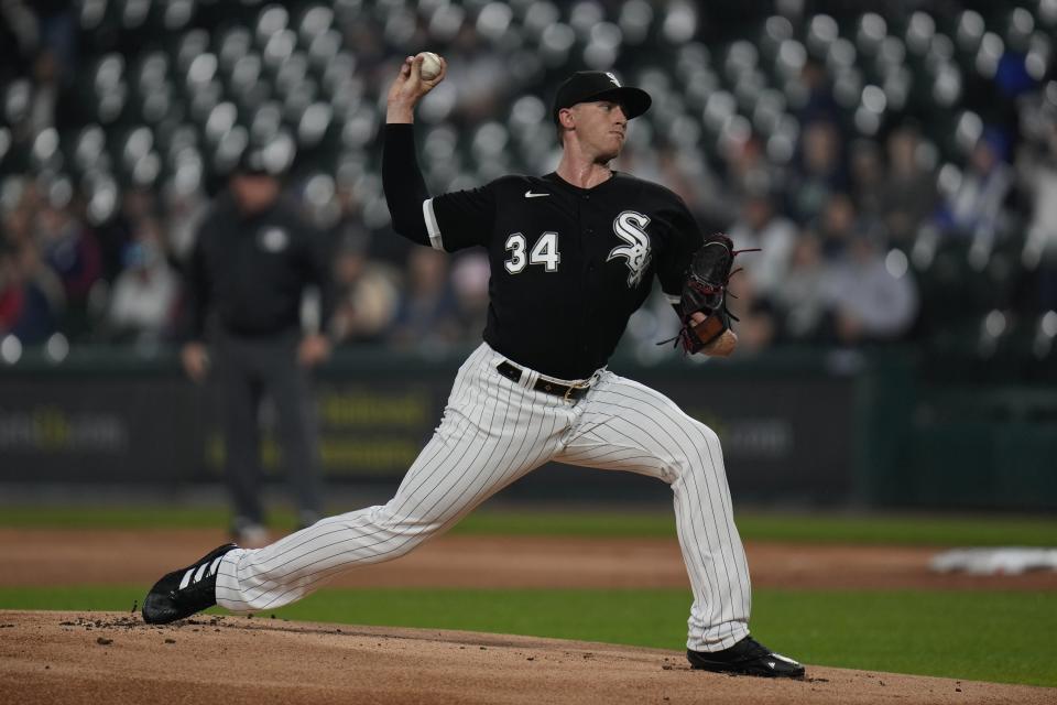 Chicago White Sox starting pitcher Michael Kopech throws during the first inning of a baseball game against the Houston Astros, Friday, May 12, 2023, in Chicago. (AP Photo/Erin Hooley)