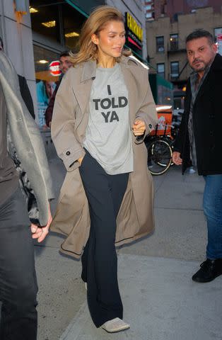 <p>Gotham/GC Images</p> Zendaya wore the same 'I Told Ya' t-shirt from her film 'Challengers' while out in New York City on April 22