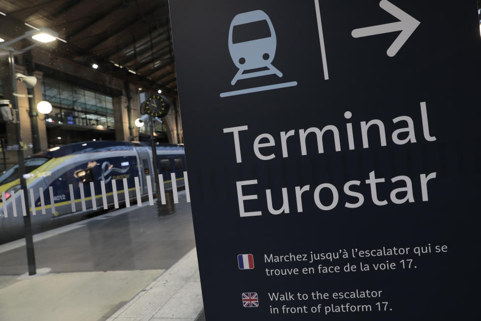 FILE - In this Dec.21, 2020 file photo, an information board is displayed at Gare du Nord train station in Paris. The chief of France's state rail the SNCF, which owns 55% of Eurostar, has sounded the alarm for the future of the train service that connects the UK with continental Europe. (AP Photo/Lewis Joly, File)