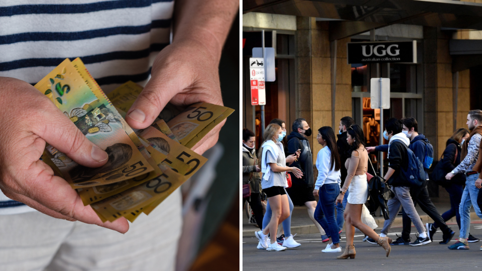 Australian money. People walking in the city. Cost-of-living relief concept.